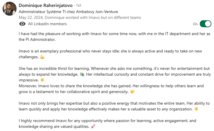 Recommandation LinkedIn de Dominique Raherinjatovo